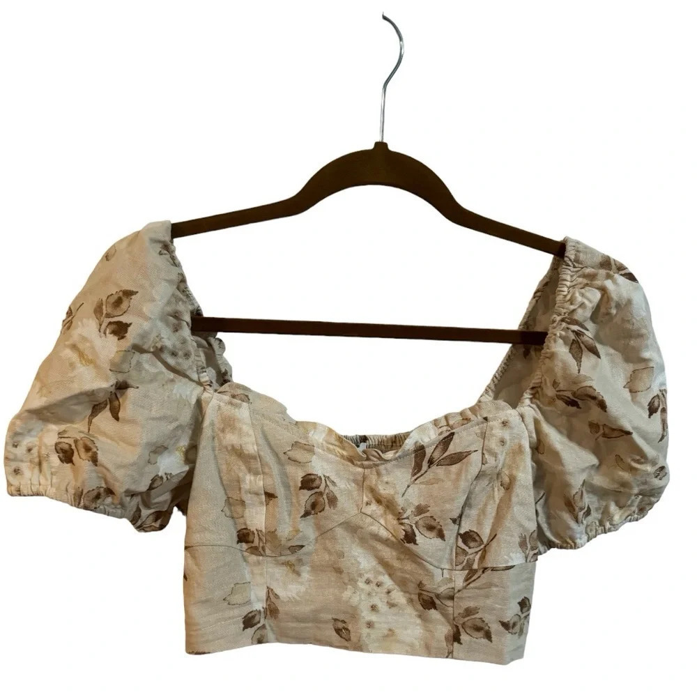 House of Harlow 1960 Cream and Brown Patterned Ruffled Crop Top